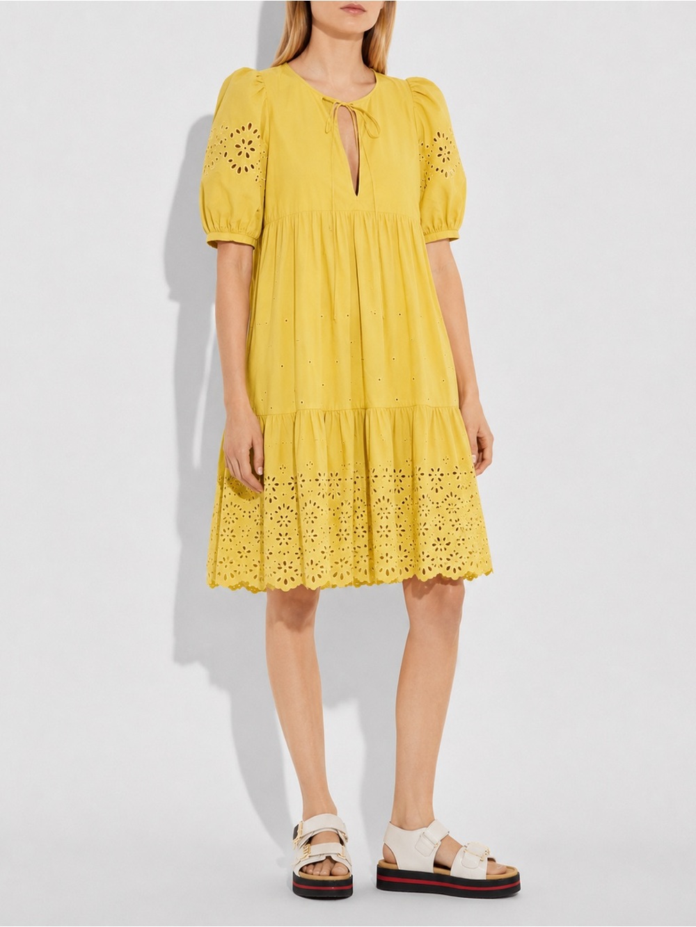 Coach mustard yellow eyelet cotton broderie puff sleeve anglaise dress
